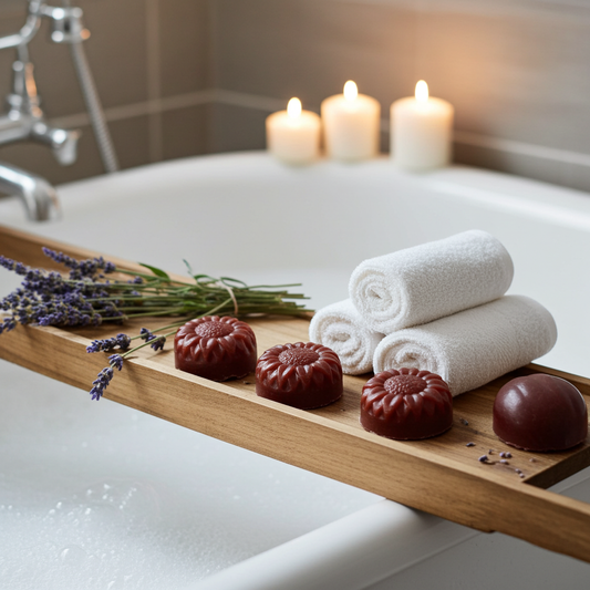 Handcrafted massage soaps on luxury bath tray with candles and lavender - spa lifestyle