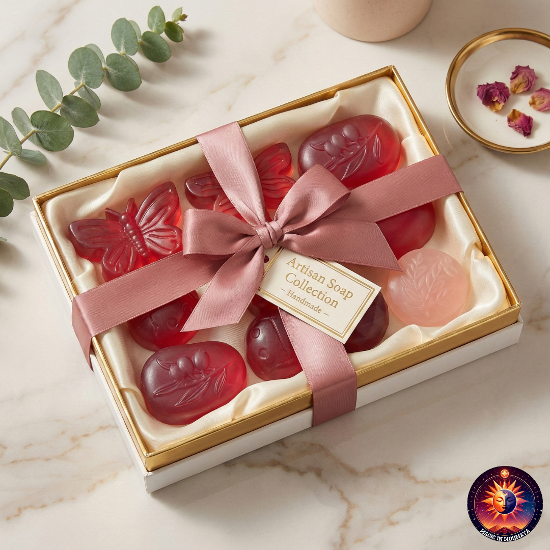 Artisan soap gift box with pink ribbon - premium handcrafted soaps by Magic in Mohmaya