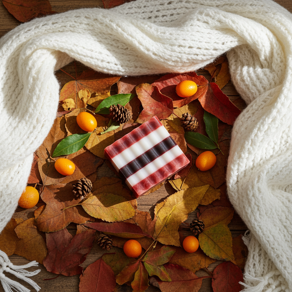 Striped Ayurvedic glycerin soap on autumn leaves - Handcrafted doctor-led natural wellness gift from Magic in Mohmaya