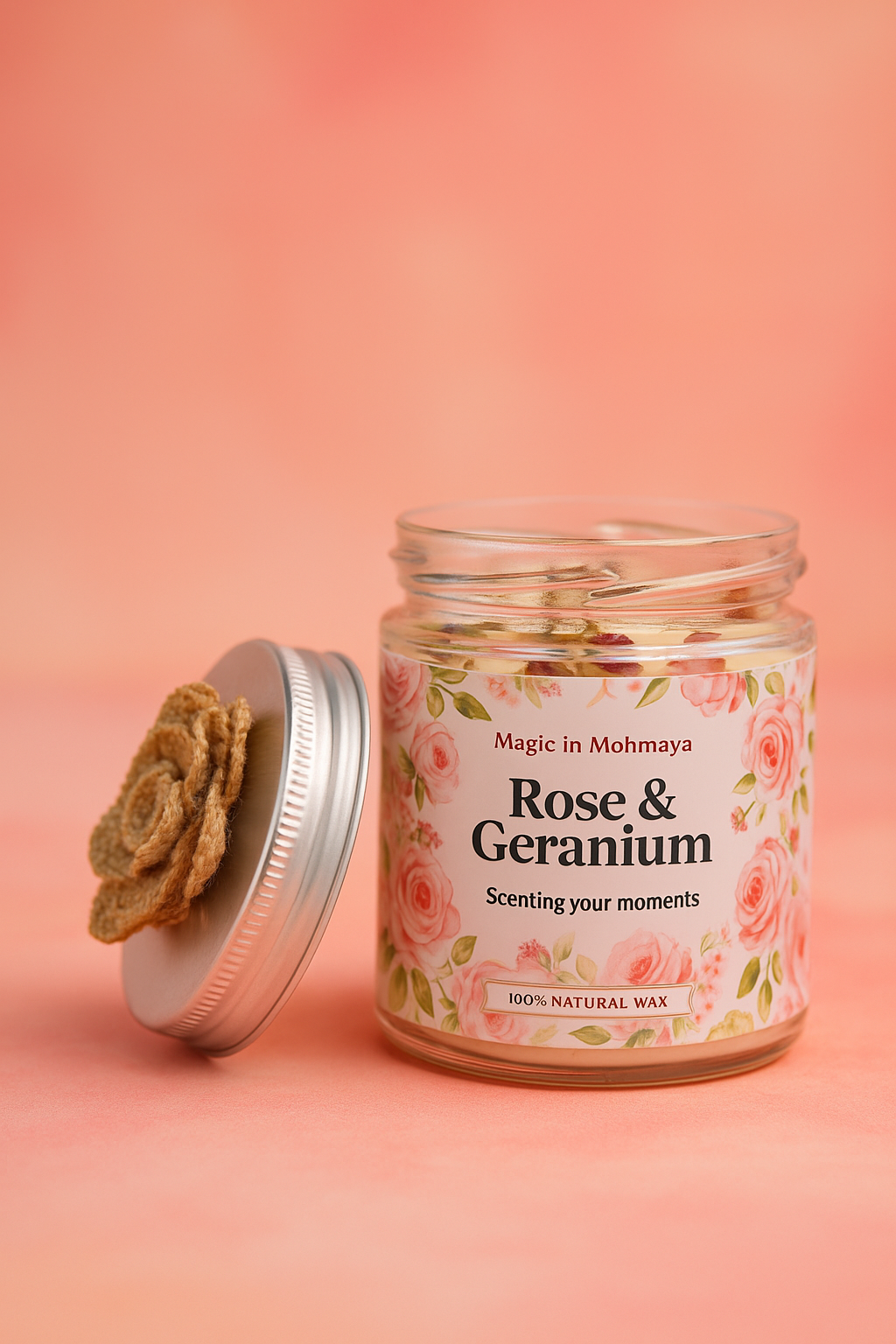 Rose and Geranium scented soy candle jar - included in the Diwali Deluxe Gift Bundle
