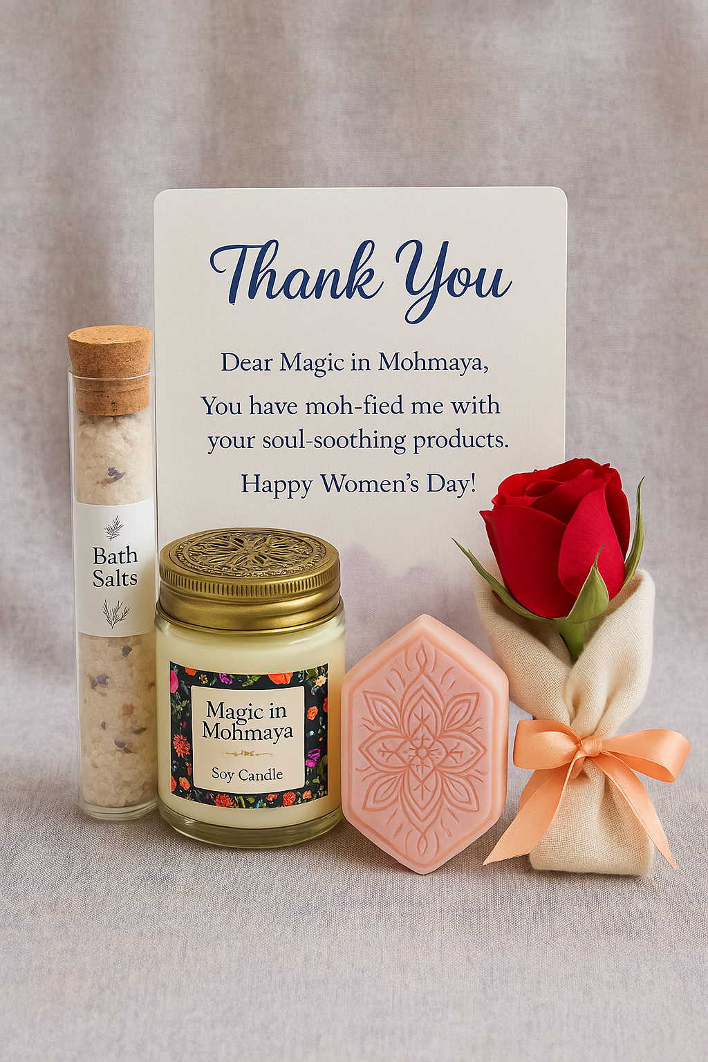 Lavender bath salts with soy candle and artisan soap gift set - Magic in Mohmaya wellness collection