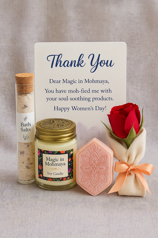 Ayurvedic Spa Relaxation Bundle - Soy candle, Himalayan bath salts, artisan soap gift set by Magic in Mohmaya